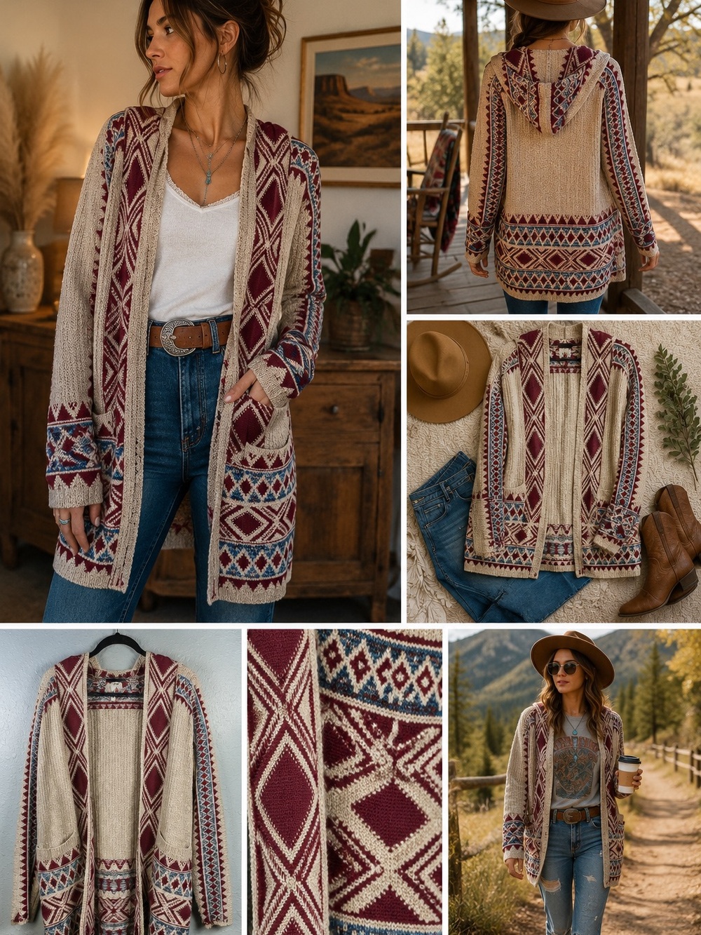 Lucky Brand Southwestern Hooded Cardigan Sweater | Cozy Boho Open Front